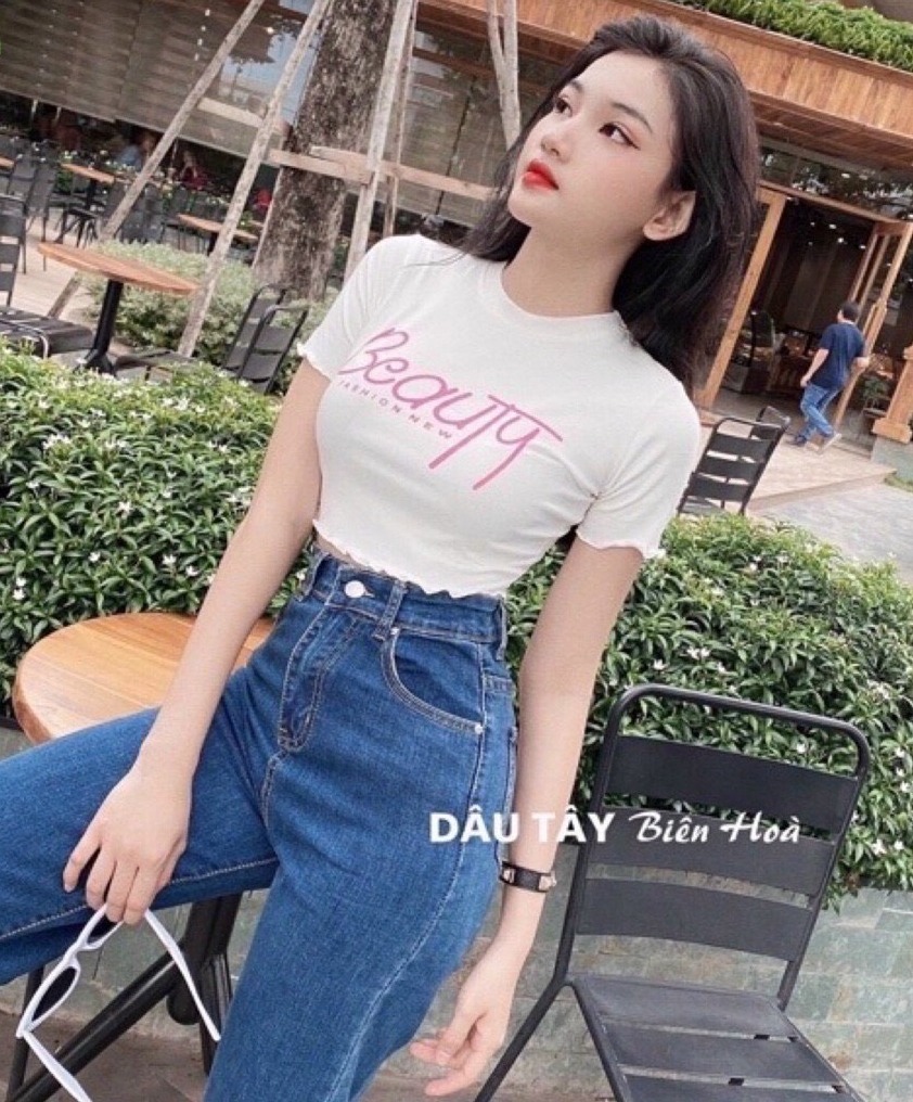 [HCM]áo CROPTOP cổ tròn thêu chữ trẻ trung sành điệu cộc tay