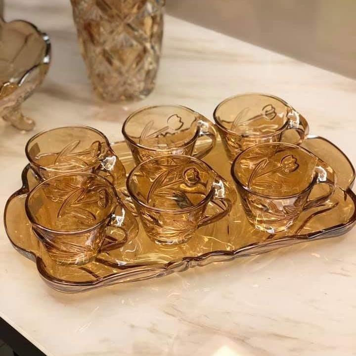 Bộ 6 ly thủy tinh soga kèm khay - vàng