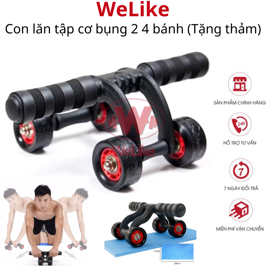 Con lăn tập cơ bụng Welike - Dụng cụ tập bụng tăng cơ giảm mỡ 2 4 bánh kèm thảm lót gối tập thể dục gym tại nhà hiệu quả