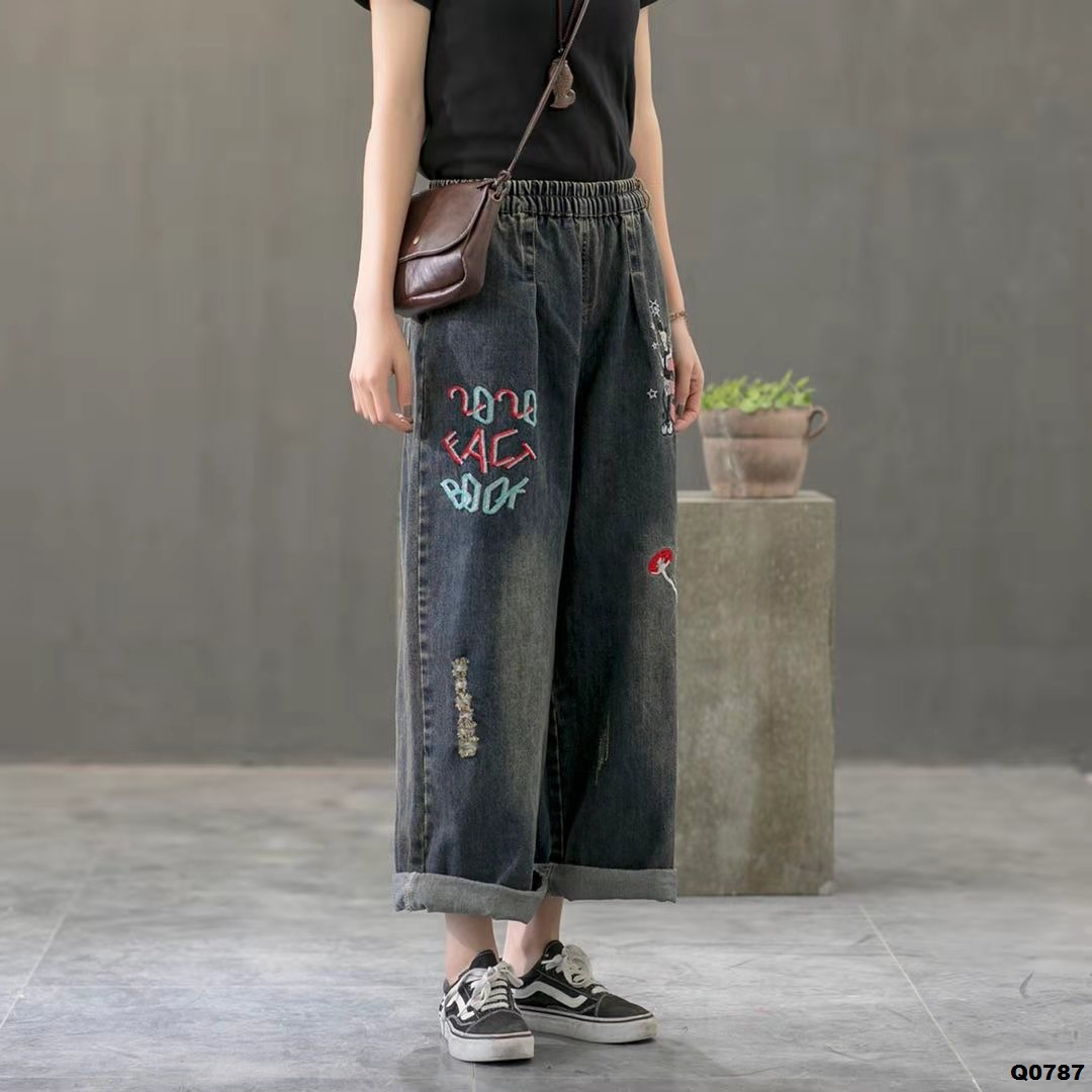 Q0787-quần jean thêu denim lưng thun ống rộng