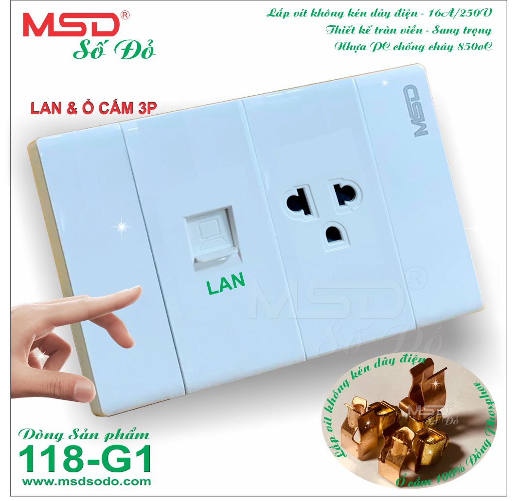 Ổ cắm mạng internet âm tường - rj45 cat 5e - 8 dây + 1 ổ cắm điện 3 chấu 15a/250v