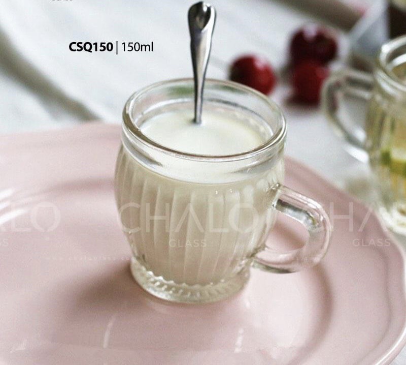 CỐC THUỶ TINH SỌC CÓ QUAI 150ML ĐỰNG CAFE, SỮA CHUA, CARAMEN, CỐC THUỶ TINH UỐNG NƯỚC SANG CHẢNH