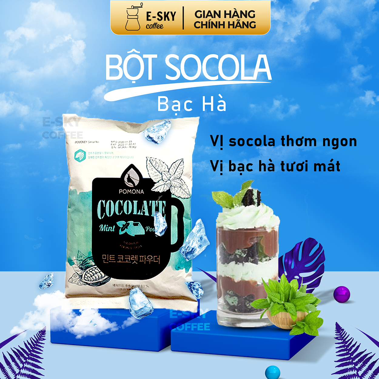 Bột socola bạc hà pomona mint chocolate powder nguyên liệu pha chế cà phê, latte, mocha, đá xay, sữa lắc hàn quốc gói 800g
