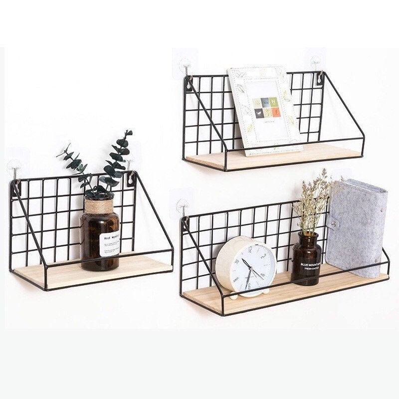 Kệ Lưới Có Rào Chắn Trang Trí Để Đồ Nhà Bếp Để Đồ Phòng Tắm Đa Năng, Giá Kệ Có Đáy Gỗ (Tặng Kèm Đinh Đóng Tường Hoặc Miếng Dán)