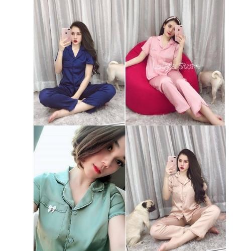 Đồ bộ pijama lụa mặc nhà viền bèo tay cộc-quần dài cao cấp