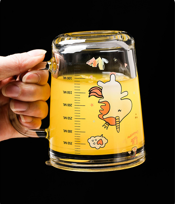Cốc thủy tinh chia vạch hình dễ thương có kèm ống hút silicon và nắp kín - Cốc uống nước hàng ngày - Đồ dùng uống nước - Cốc nước thủy tinh chia ml pha sữa chịu nhiệt cao có nắp kín