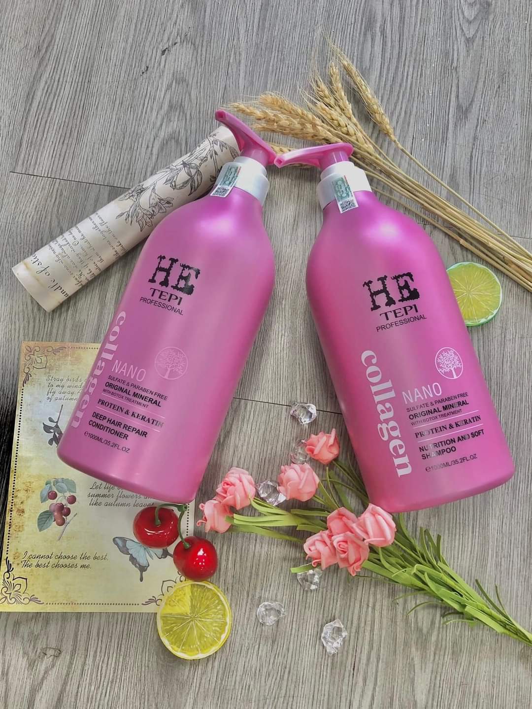 Cặp dầu gội xả HE TEPI Collagen Keratin Nano siêu mượt phục hồi tóc 3 in 1 - 1000ml x 2