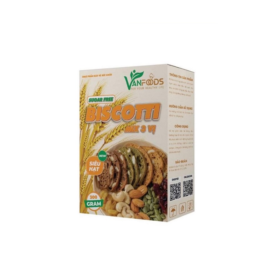 Biscotti ăn kiêng nguyên cám SIÊU HẠT HEALTHY mix 3 vị hộp 300gr-VanFood-Vani,Trà xanh, socola