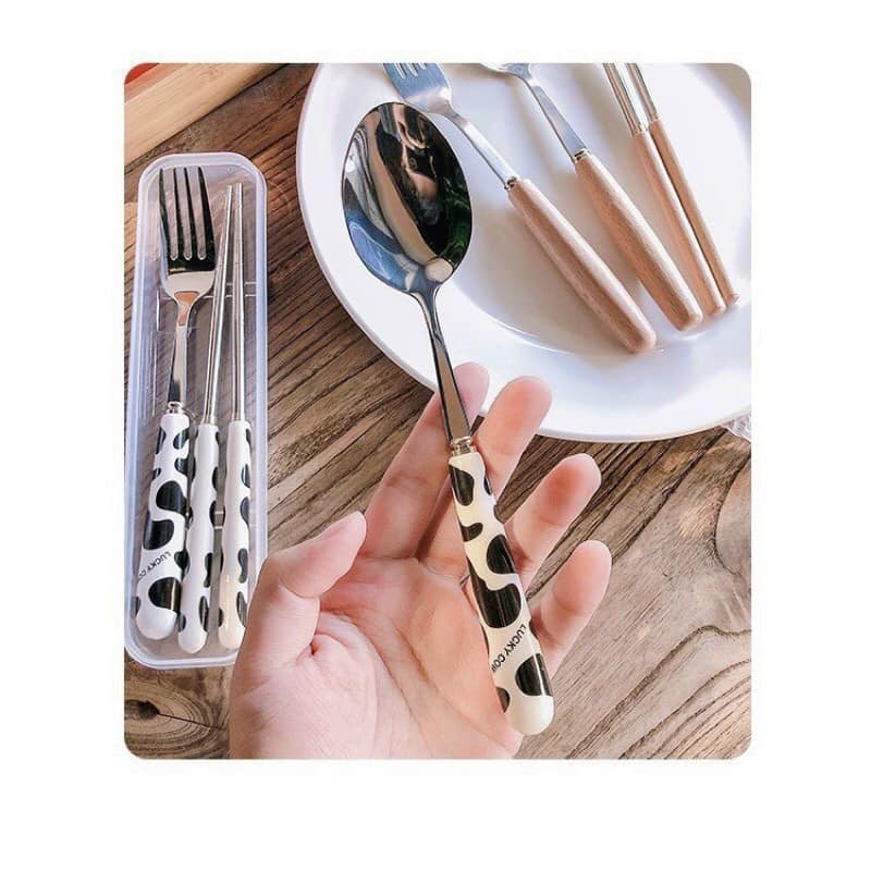 Bộ đũa thìa cán sứ LUCKY COW có hộp đựng Bộ đũa thìa dĩa inox, bo dua thia, bộ dẹt