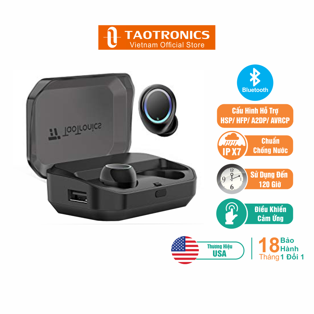 Tai nghe true wireless bluetooth earbud taotronics chống nước ipx7, 120 giờ sử dụng - tt-bh052 - độc quyền chính hãng