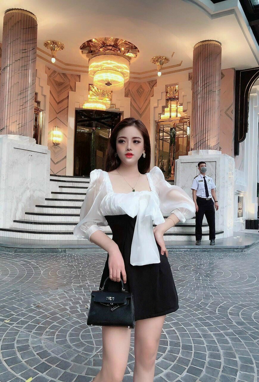 Đầm tay lỡ cổ vuông đính nơ ngực #damcovuongtaylononguc