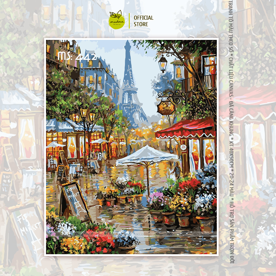 Tranh tô màu theo số, tranh số hóa, tranh tô màu số hóa Madoca kích thước 40x50cm có khung, Paris lãng mạn T442