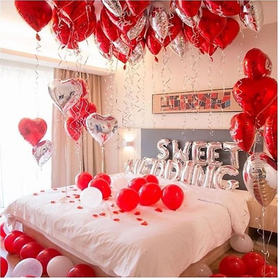 Bộ bóng Trang Trí Phòng Cưới Phòng Tân Hôn happy wedding + 20 bóng tim to +20 bóng tròn+bơm keo, ruy băng