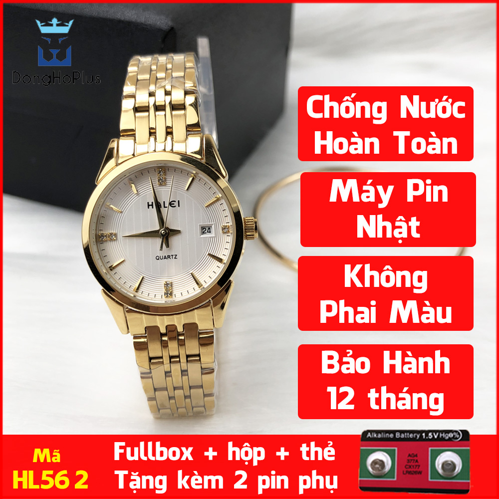 Đồng hồ nữ chống nước cao cấp dây kim loại Halei HL562 vàng + tặng kèm dự phòng pin AG4 + lắc tym vàng