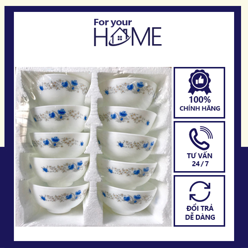 Bát, chén ăn cơm sứ trắng ngọc họa tiết hoa hồng sang trọng - 1 bộ 10 bát
