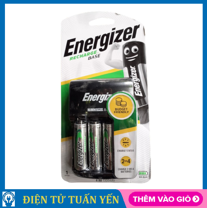 Bộ sạc pin Energizer CHVC4 Recharge Base tặng kèm 4 viên pin sạc AA dung lượng 1300mAh - Hàng chính hãng