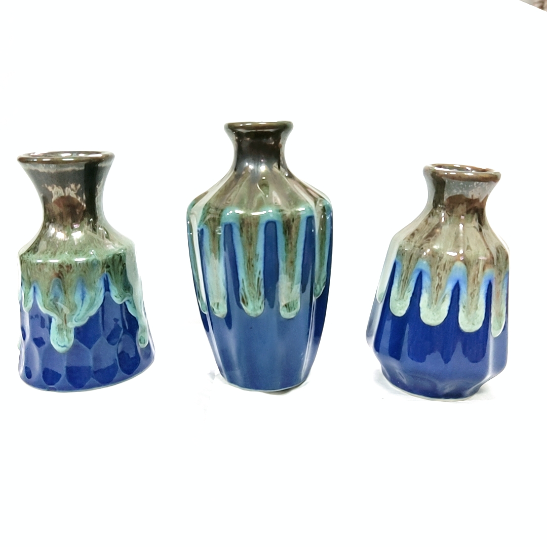 Set bộ 3 bình gốm men hỏa biến kiểu rọc dưa, màu xanh dương đậm