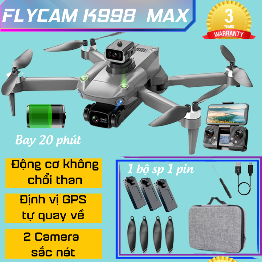 PIycam điều khiển từ xa K998 Max - fIycam mini giá rẻ trang bị camera kép 4k, Máy bay flycam P9 cảm biến chống va chạm trên không, động cơ không chổi than bền bỉ, định Vị G.P.S, Tự động bay về