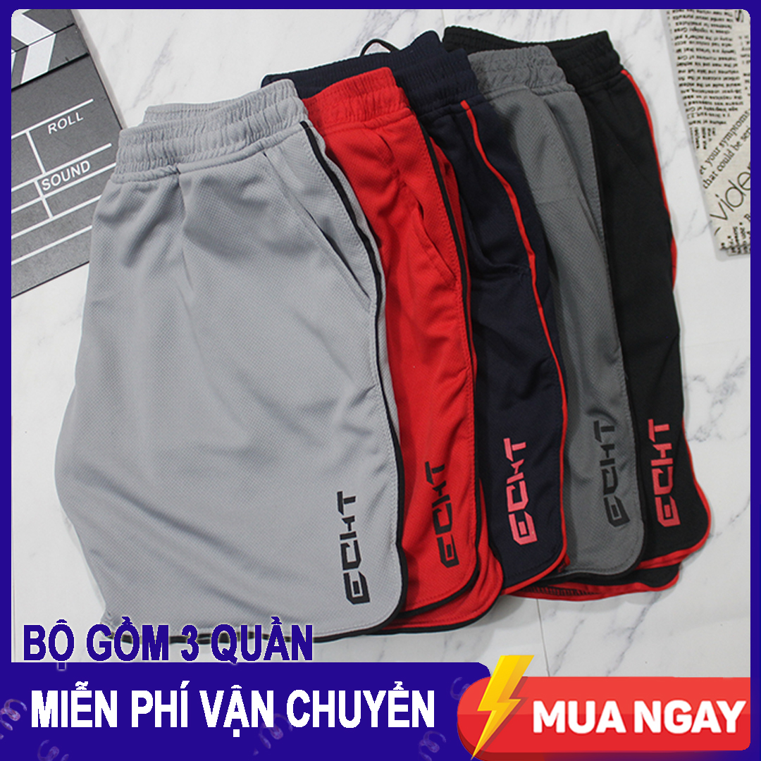 [HCM]Combo 3 Quần đùi Nam - Thể thao tập gym ECHT - Chất liệu vải mè poly nhập khẩu logo in tranfer firm không thể bong tróc 2 túi 2 bên hông lưng bằng thun co giãn.
