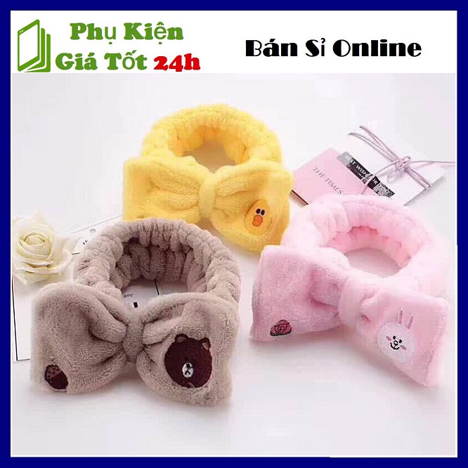 BĂNG ĐÔ CÀI TÓC GẤU NƠ LINE -Bờm nơ vải nhung 3D, băng đô gấu line thỏ cony , vịt , tuban trang điểm rửa mặt cute
