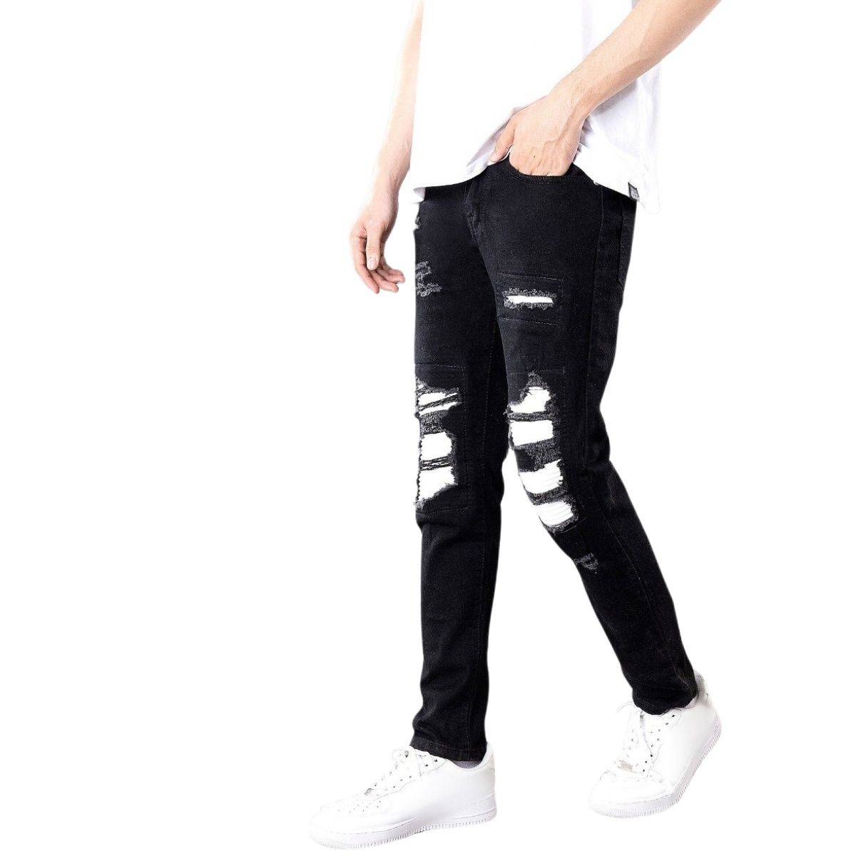 Quần jean nam vá da trắng rập nổi Nuba48 chất liệu bò cao cấp co dãn 4 chiều form dáng skinny