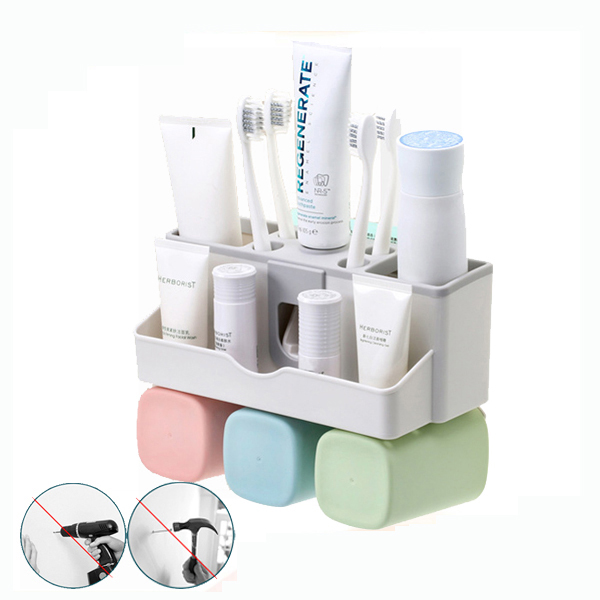 [HCM]Kệ nhả kem đánh răng đựng bàn chải treo tường (Tặng kèm 2 cốc nước và miếng dán cường lực )