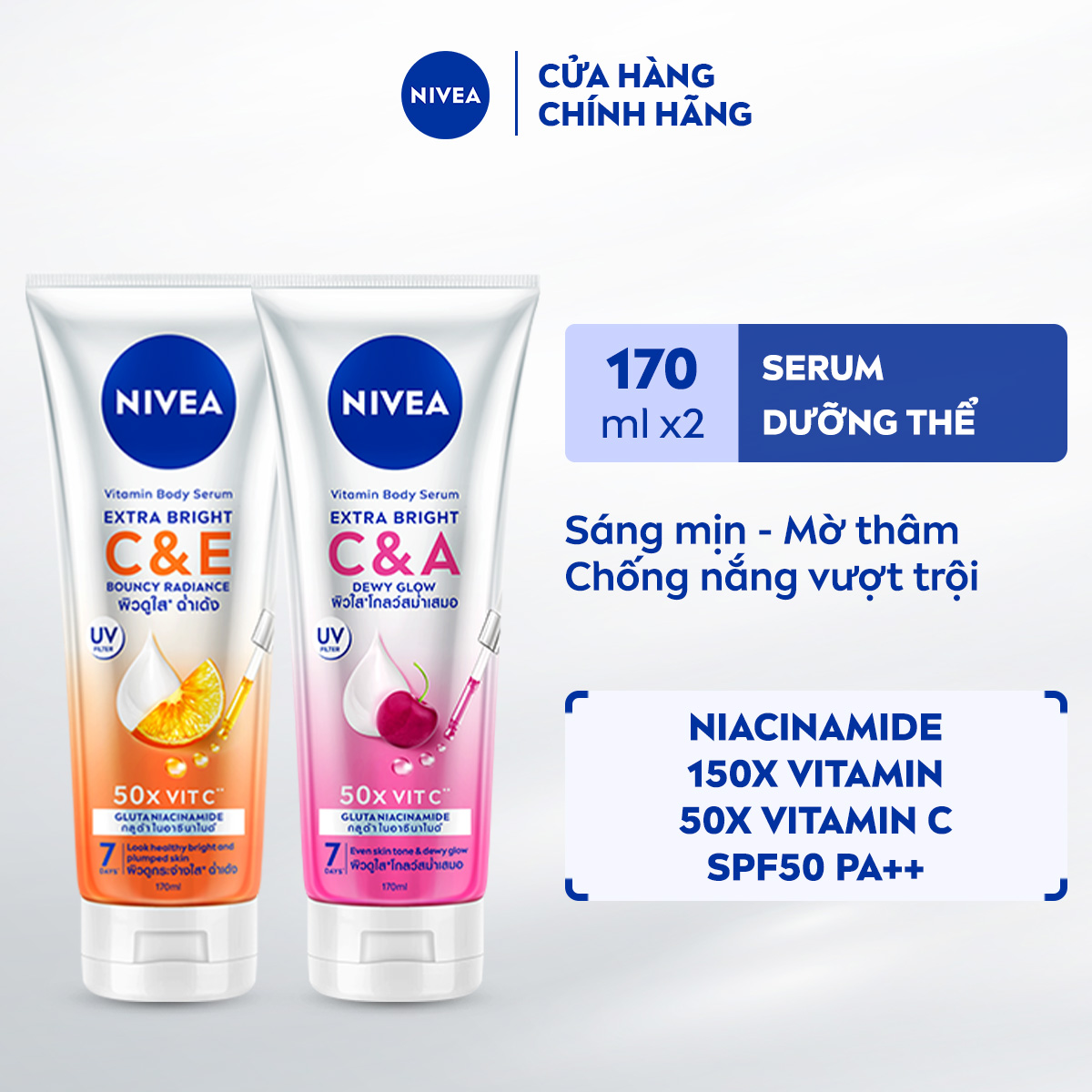 Bộ Đôi Sữa Dưỡng Thể NIVEA Extra Bright Vitamin CE CA Dưỡng Trắng Da Đều Màu Da Mịn Da (170 ml) - 99189+99191