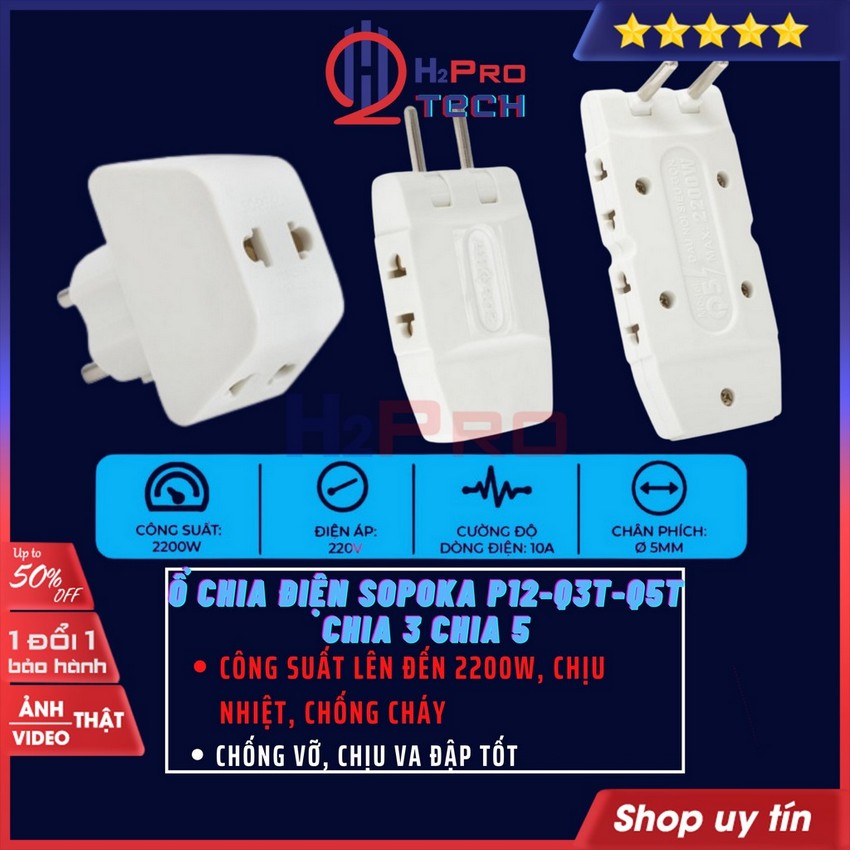 Ổ Cắm Điện Chia 3 Lỗ-5 Lỗ Cắm Sopoka 10A Cao Cấp, Chịu Tải 2200W, An Toàn, Chống Vỡ, Bộ Chia Ổ Cắm Chính Hãng-H2pro Tech