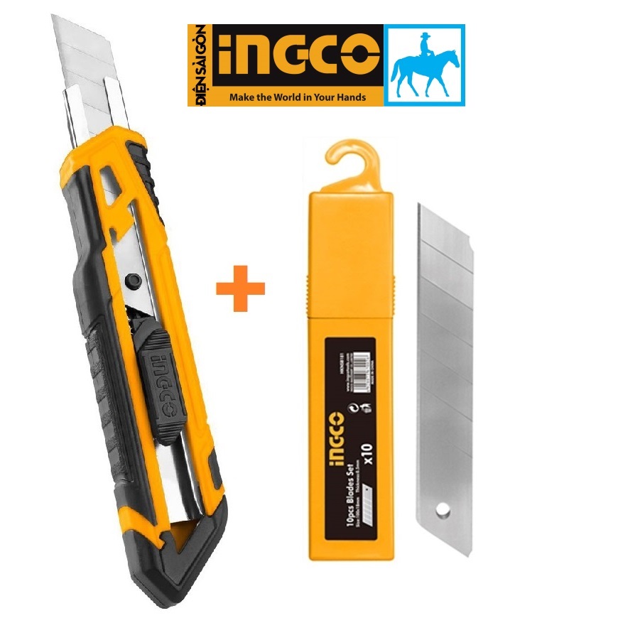 Bộ dao rọc giấy và hộp 10 lưỡi dao ingco hkns16518 hknsb181