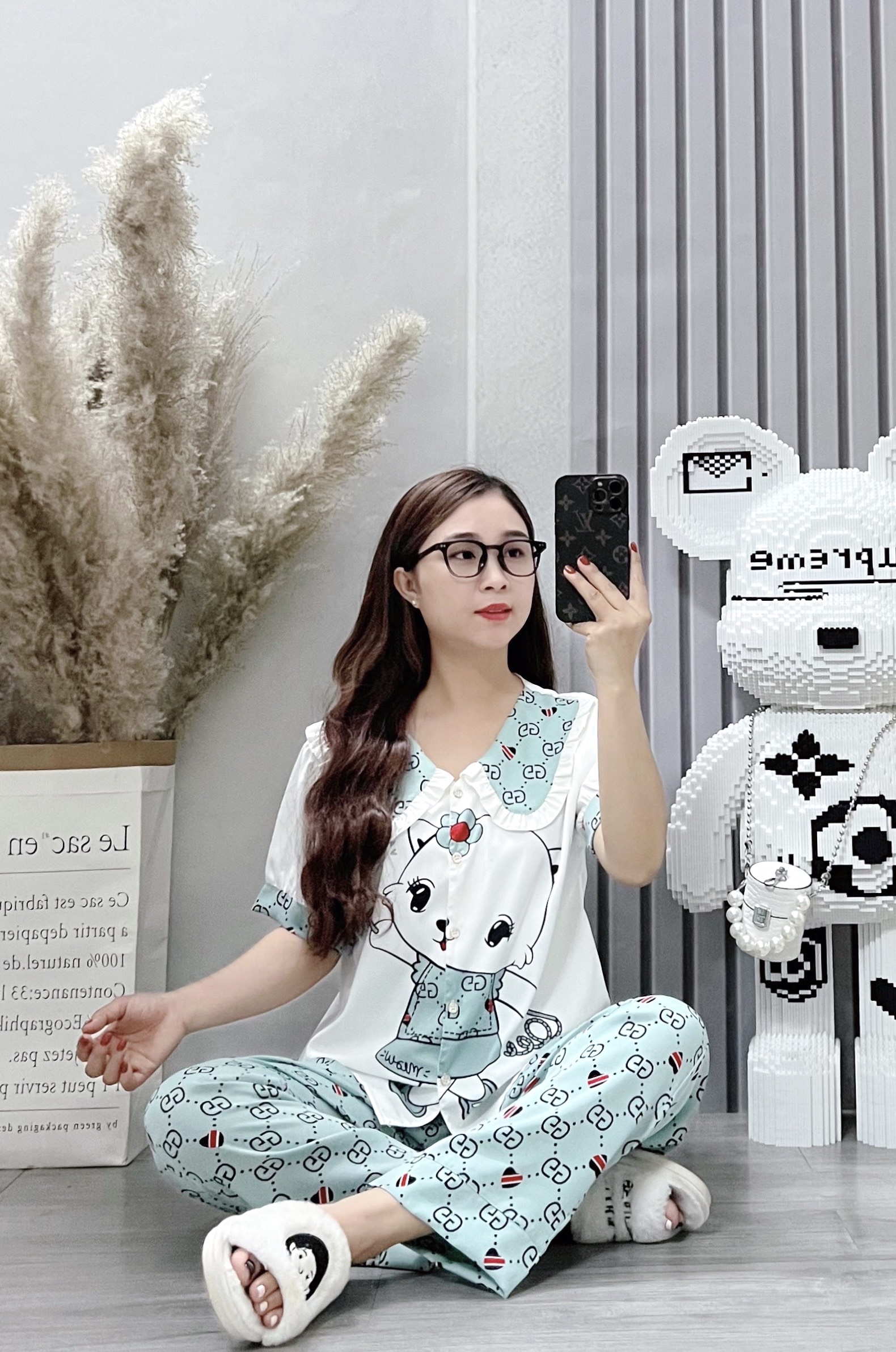 Bộ pijama lụa satin tay ngắn quần dài gia mỹ