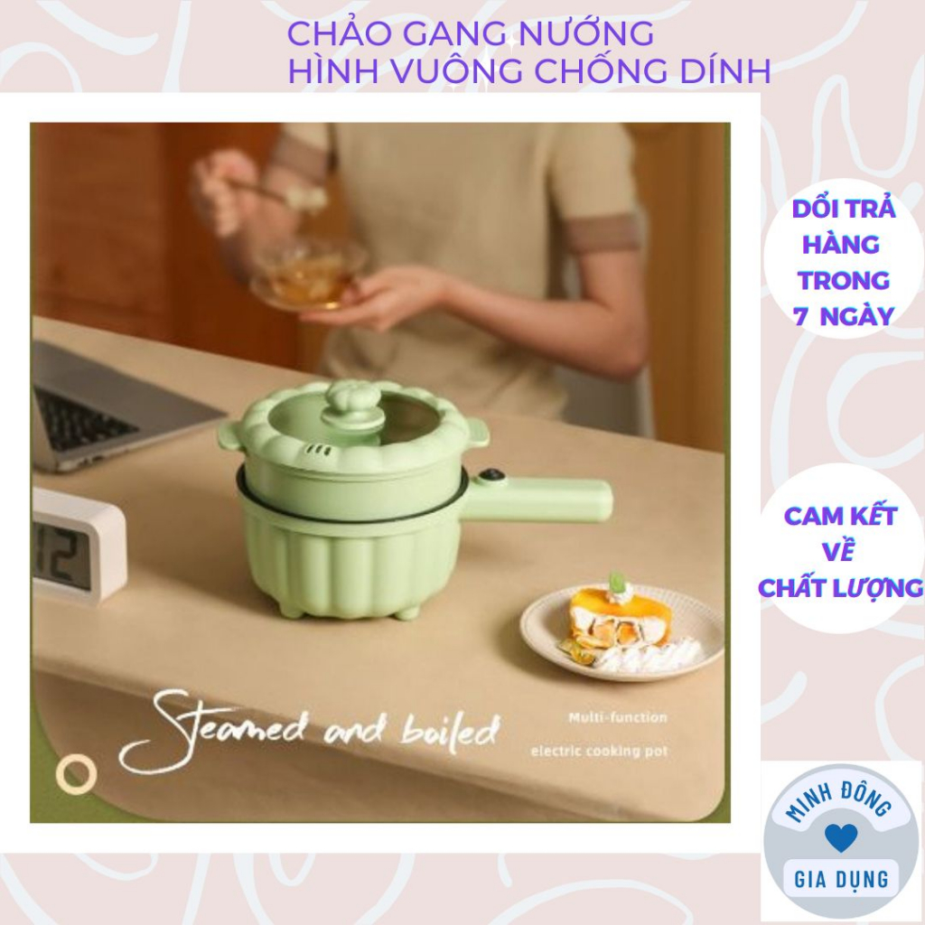 Nồi điện mini đa năng 2 tầng bí ngô, dung tích 2L, tự động ngắt , nồi lẩu, hấp, chiên, xào bảo hành 3 tháng