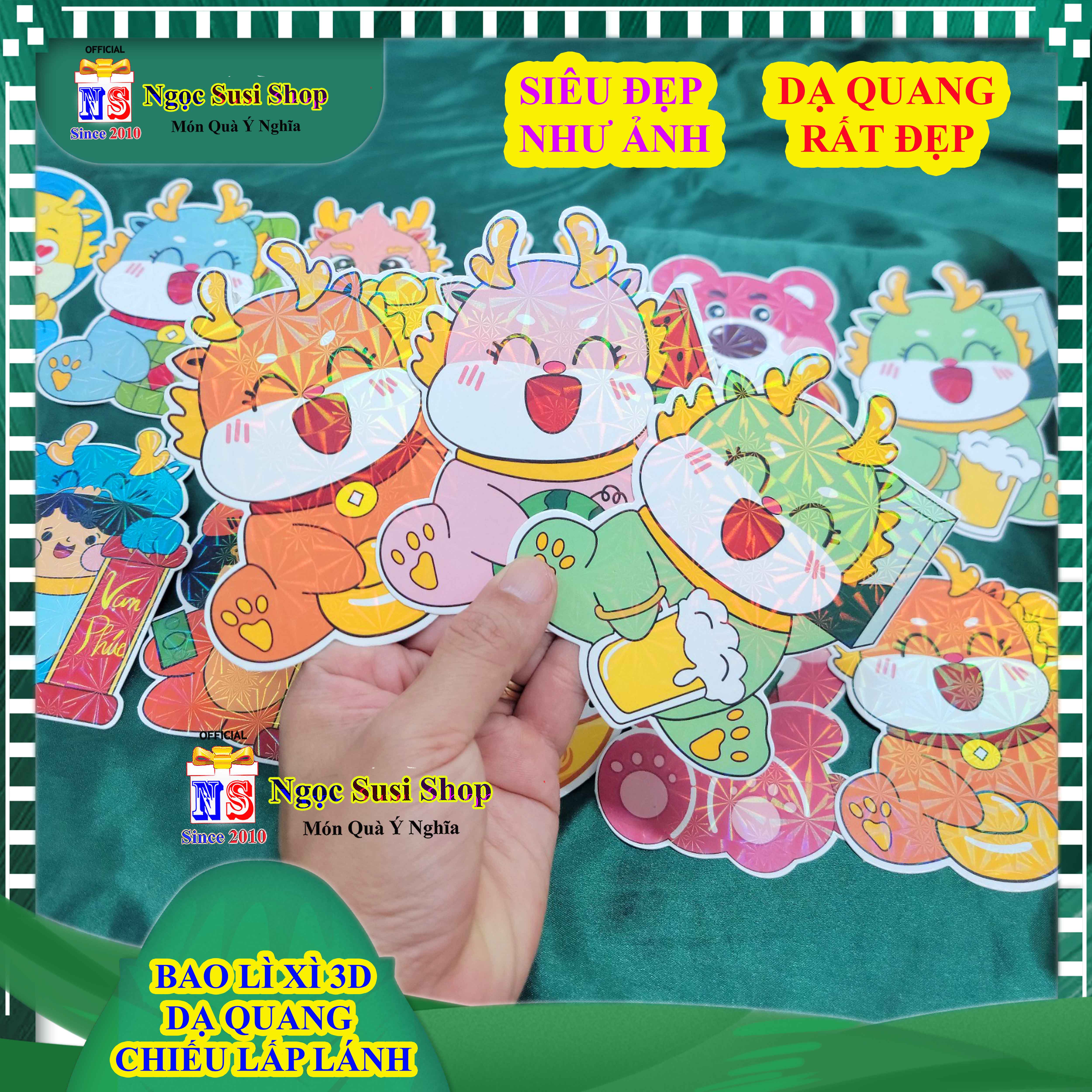 COMBO 5-10 BAO LÌ XÌ  CON RỒNG 3D HOẠT HÌNH 3D SIÊU ĐẸP - MIX NGẪU NHIÊN PHẢN QUANG LẤP LÁNH