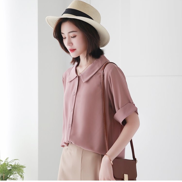 Áo sơ mi nữ ngắn tay kiểu cổ lá sen Vải mango cao cấp