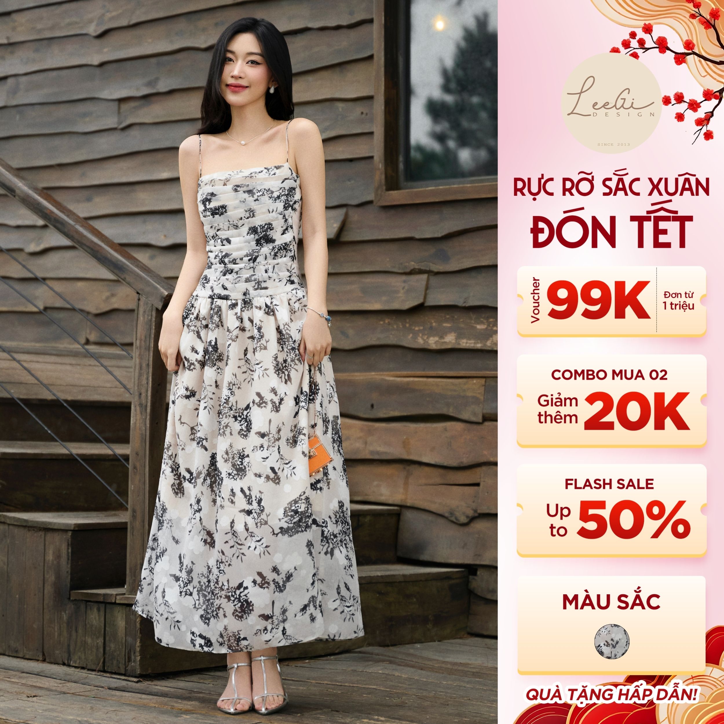 Váy cúp ngực voan hoạ tiết đen trắng nhún eo dáng dài tiểu thư sang chảnh LeeGi Design - DD843