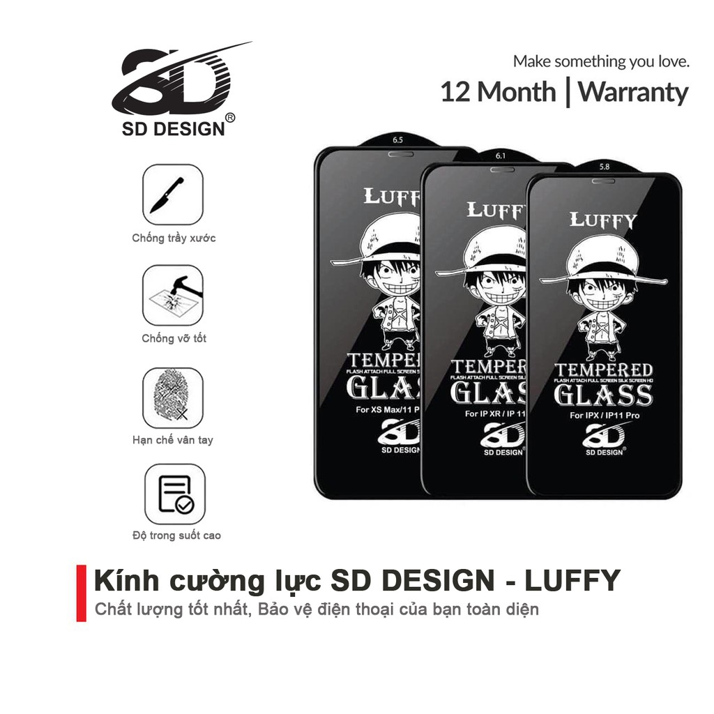 Kính cường lực iPhone Full Màn SD DESIGN Luffy ip 6/6s plus/7/7plus/8/8plus/x/xr/xs max/11/11 pro/11 promax/12/12 promax/13/13pro/13promax/14/14plus/14pro/14promax
