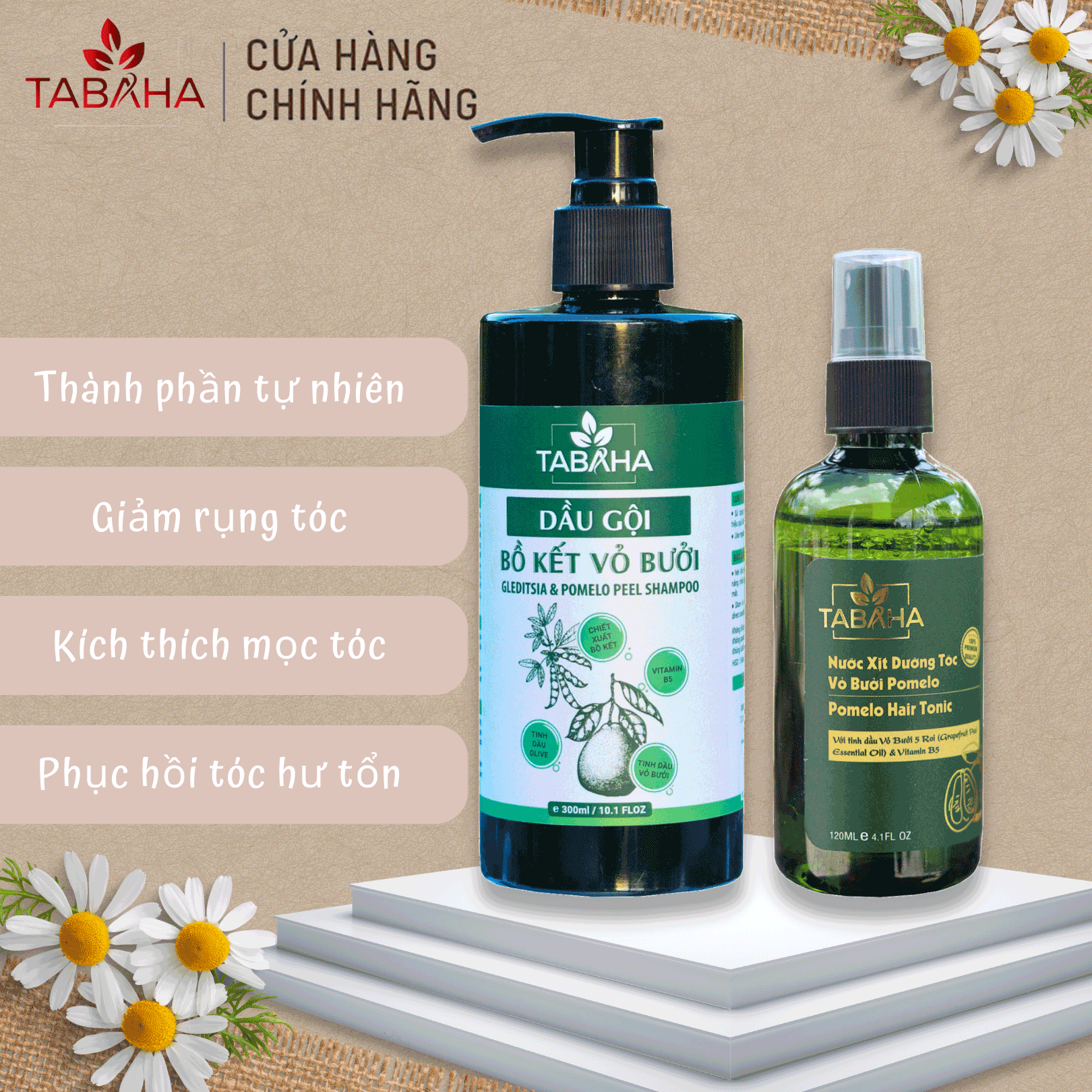 Bộ Đôi Dầu Gội Bồ Kết Vỏ Bưởi 300ml Và Chai Xịt Dưỡng Tóc Bưởi Pomelo Tabaha 120ml Giảm Gãy Rụng, Mọc Tóc Nhanh