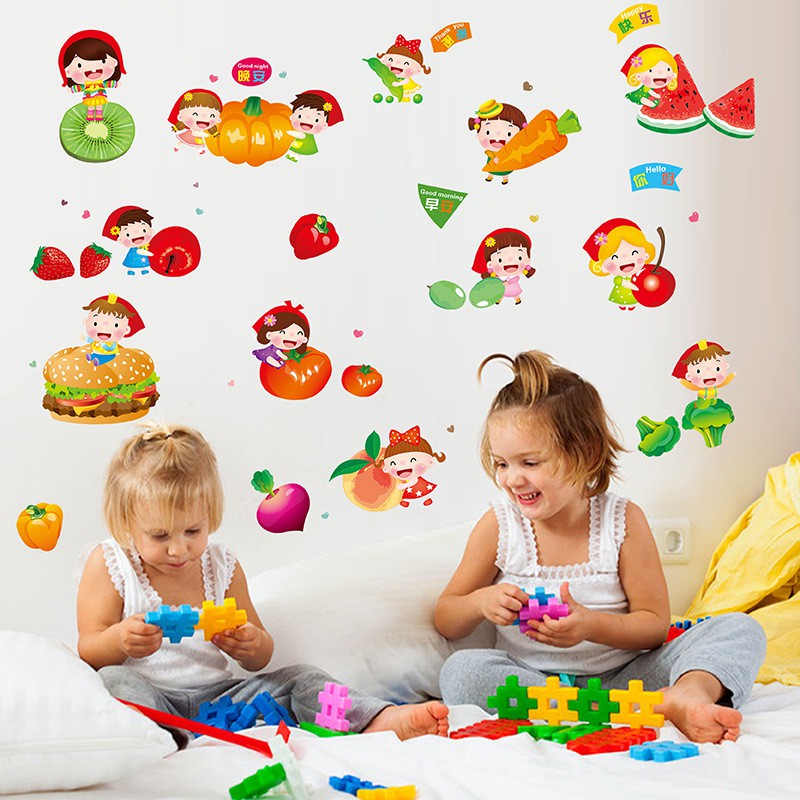 Decal dán tường Bé và hoa quả - tranh dán tường 3D trái cây cho bé siêu đẹp