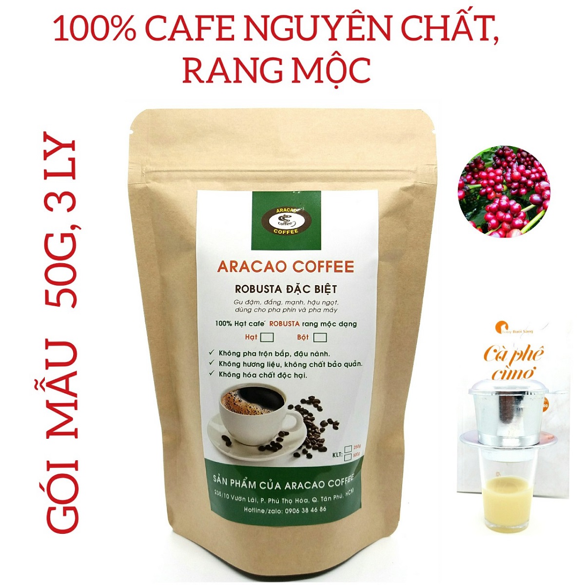 Cà phê rang xay ROBUSTA  ĐẶC BIỆT, cà phê nguyên chất rang mộc ARACAO COFFEE, đậm, đắng, mạnh, hậu ngọt