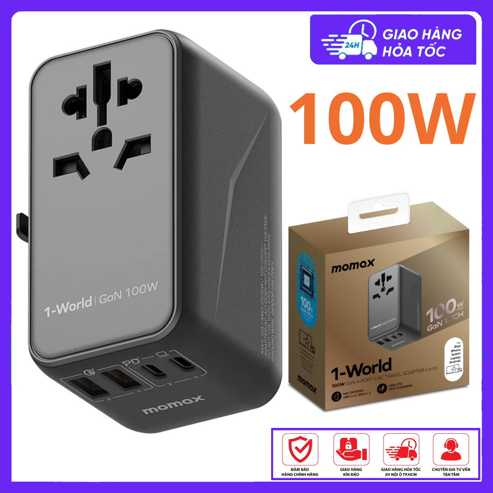 Ổ cắm du lịch momax ua10 1-world 100w gan 4 ports + ac 100-250v 2500w sạc nhanh,phù hợp tất cả ổ cắm