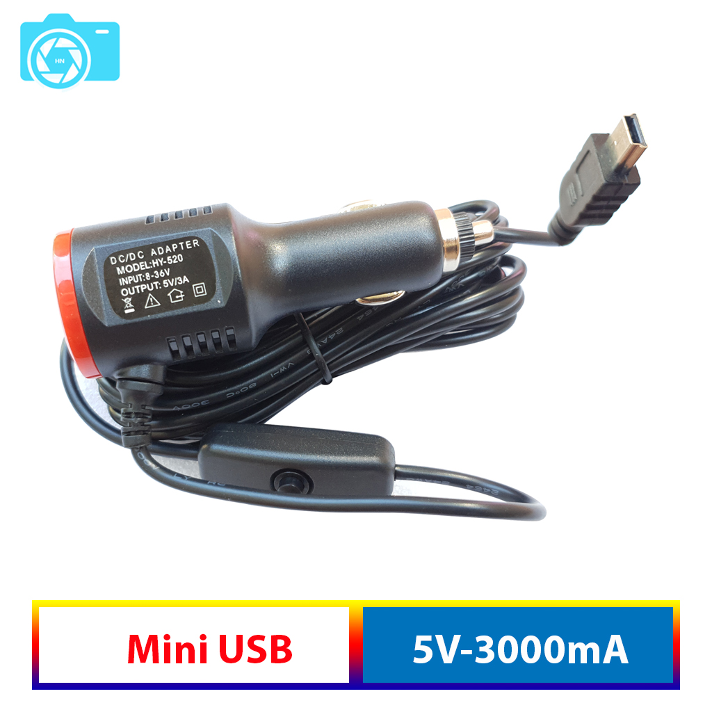 Tẩu Cấp nguồn cho camera hành trình, chân MINI USB, có công tắc, 1 cổng usb sạc điện thoại