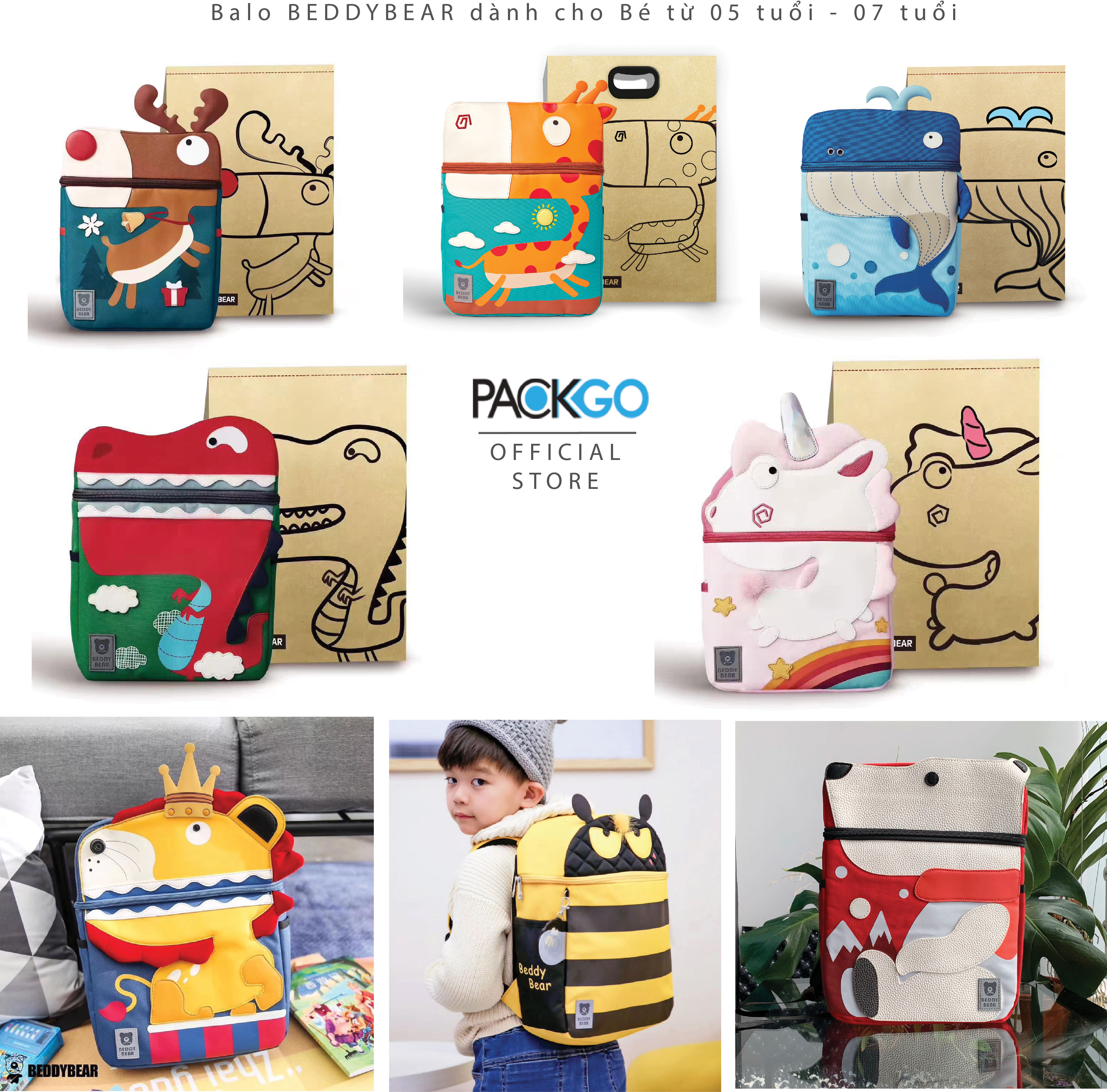 Balo trẻ em Beddybear / Beddy Bear họa tiết các con thú cho bé tiểu học từ 6 tuổi trở lên, thiết kế chống gù, trượt nước nhẹ.