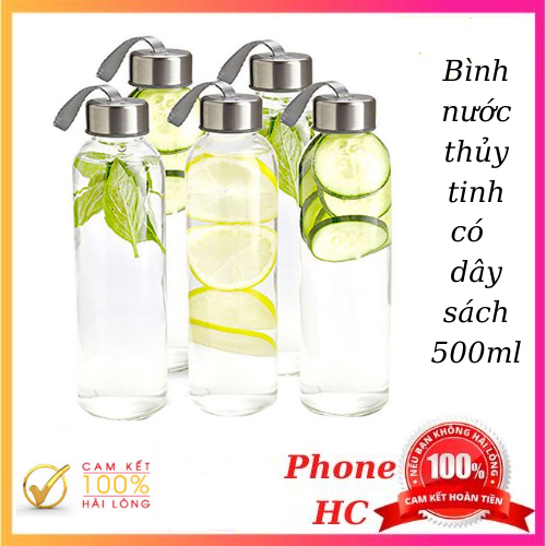 [Tặng kèm quà] Combo 5 bình nước thủy tinh có dây xách 500ml, bình nước thể thao, chai thủy tinh 500ml,bình nước tập gym