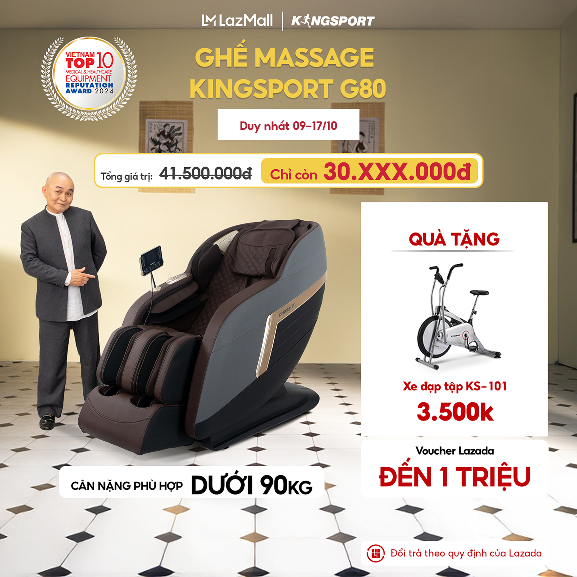 Miễn phí lắp đặt | Ghế massage KINGSPORT G80 cao cấp con lăn 3D với 12 bài tập, công nghệ lọc khí Ion âm, túi khí massage chân cao