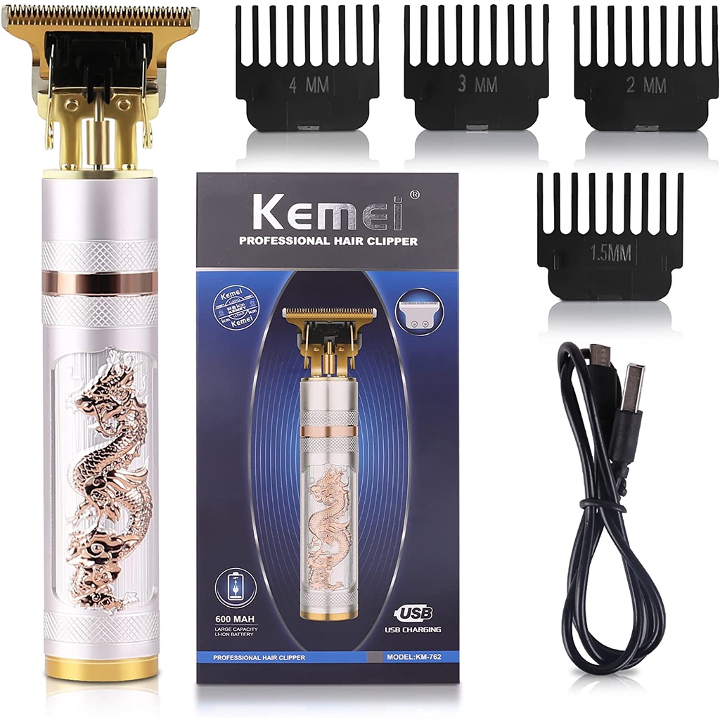 Tông đơ cắt tóc chấn viền chính hãng kemei 762, nhỏ gọn có cữ, Tông Đơ Cắt Tóc Chấn Viền Cạo Râu Điêu Khắc Hình Rồng