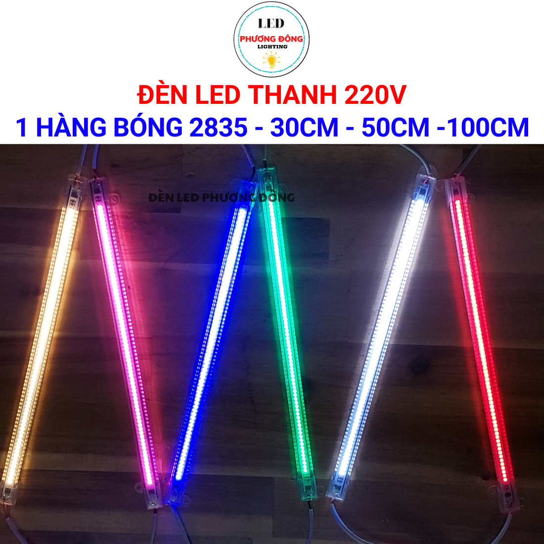 Đèn LED Thanh 220V 30cm - 50cm - 100cm - 1 hàng bóng 2835 Trắng, Vàng, Đỏ, Xanh Lá, Xanh Dương, Hồng