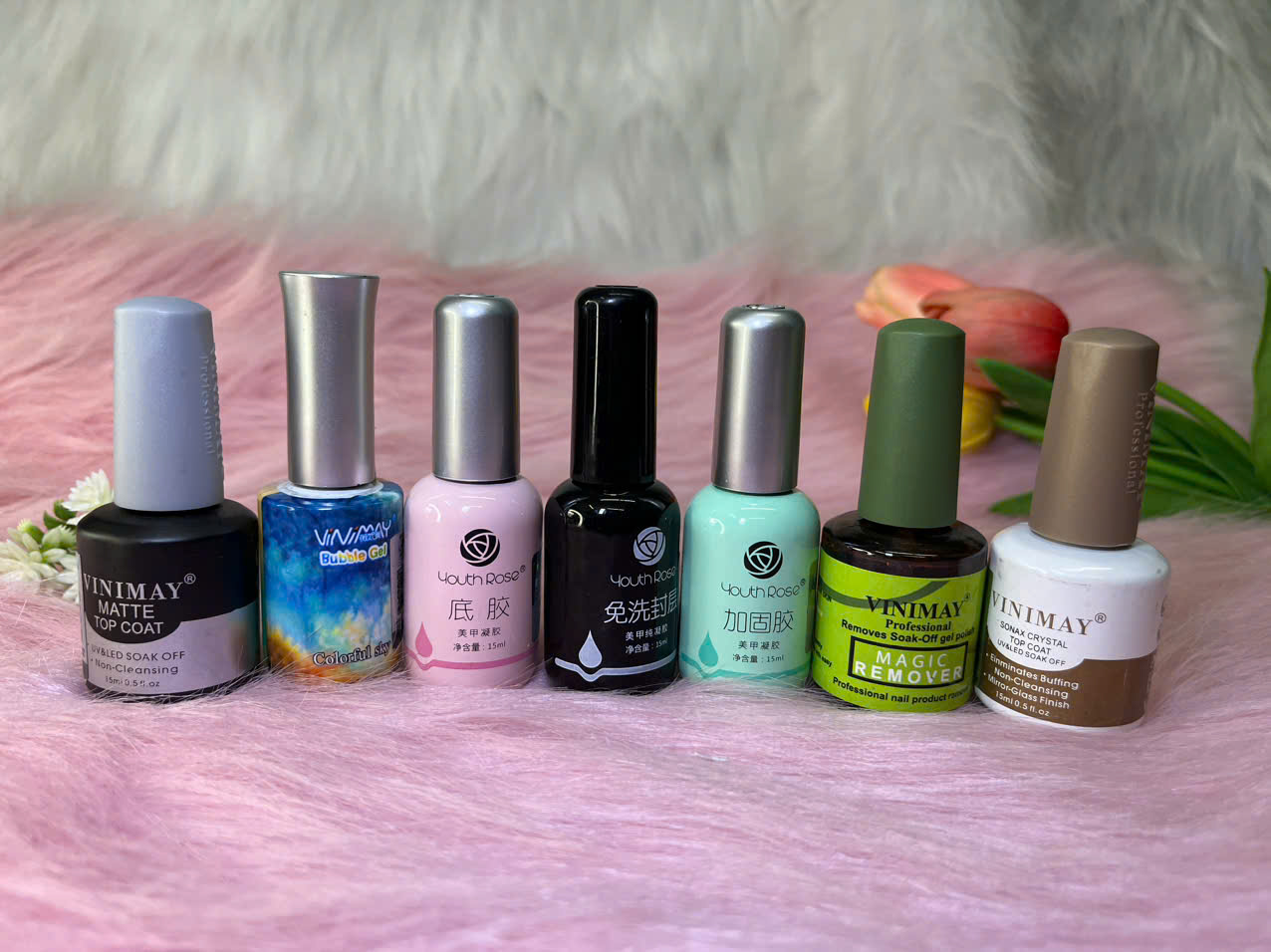 Bộ sản phẩm VINIMAY 15ml, Base Top, Phá Gel, Kiềm Dầu, Cồn Loang...chăm sóc trang trí làm đẹp móng