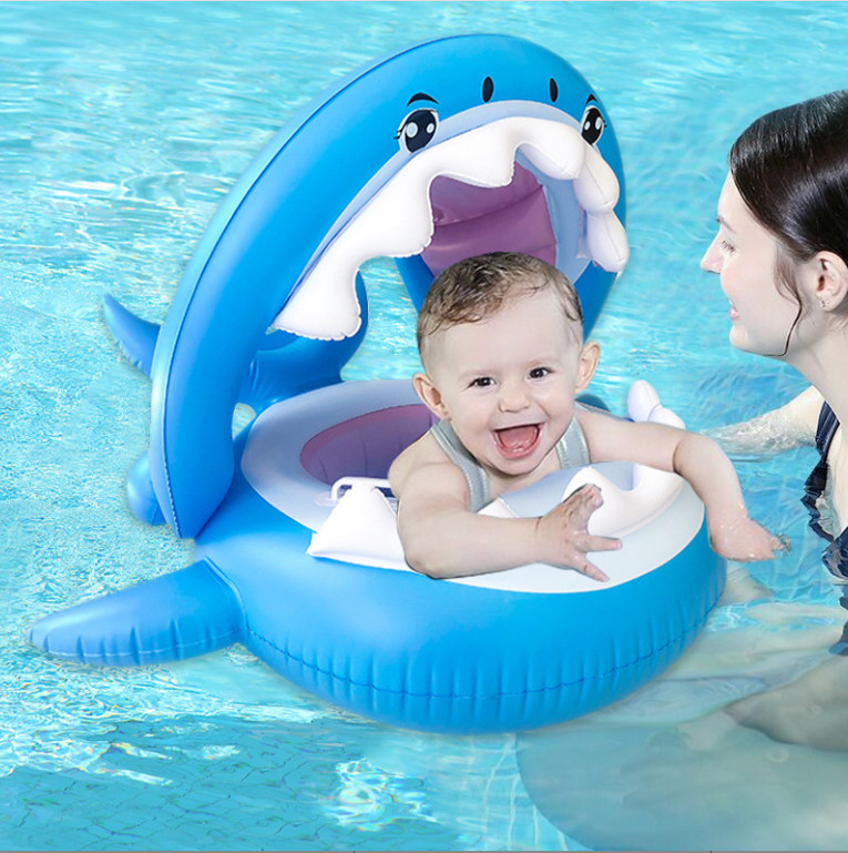 Phao Bơi Có Mái Che| Phao Bơi Xỏ Chân hình cá mập Blue Cute cho bé từ 1 tuổi đến 6 tuổi kích thước 78cmx95cm