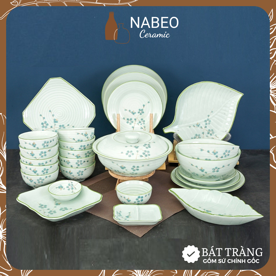 Bộ bát đĩa bát tràng mai xanh men kem, bát đĩa đẹp nhiều chi tiết gốm sứ bát tràng