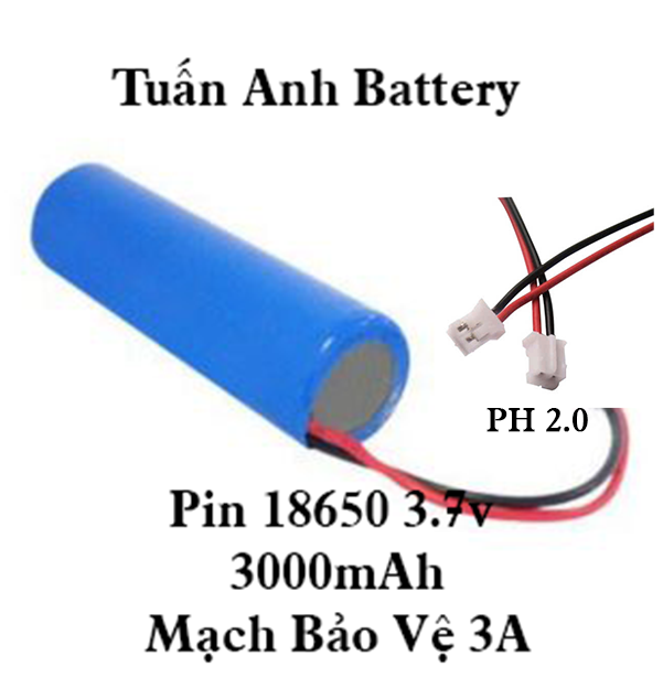 Pin sạc 18650 3.7 - 4.2v 3000mah Kèm Jack PH 2.0 Và Mạch Bảo Vệ 3A dùng cho đèn tích điện, loa mini,