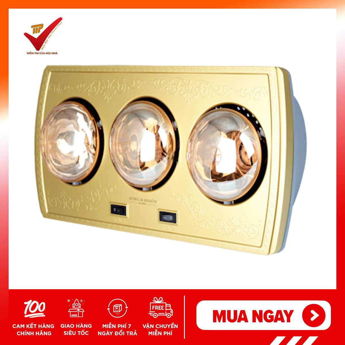 Đèn sưởi nhà tắm 3 bóng vàng Borg Braun Bu03